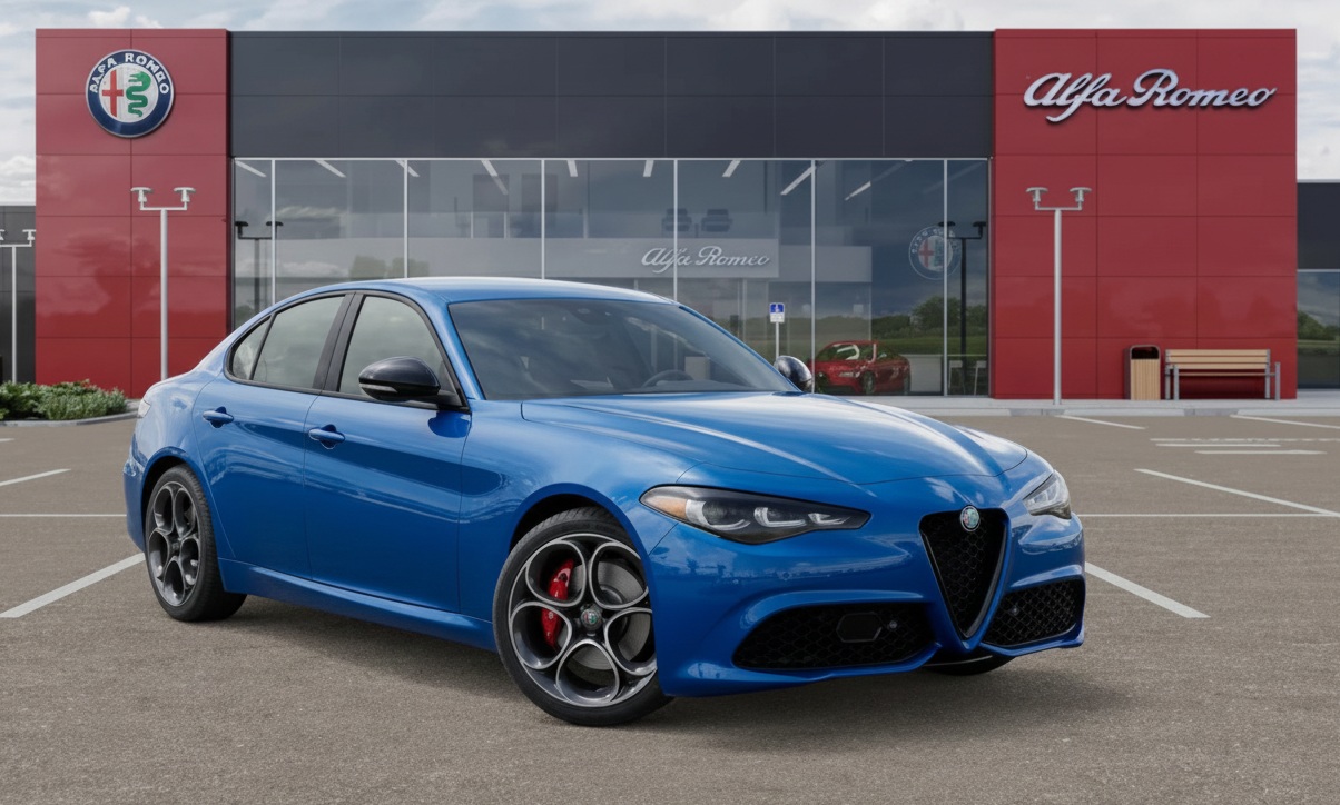 New 2025 Alfa Romeo Giulia Rwd Blue Front: One of the best Alfa Romeo Giulia models in Miami, available now at Palmetto Alfa Romeo-Fiat.